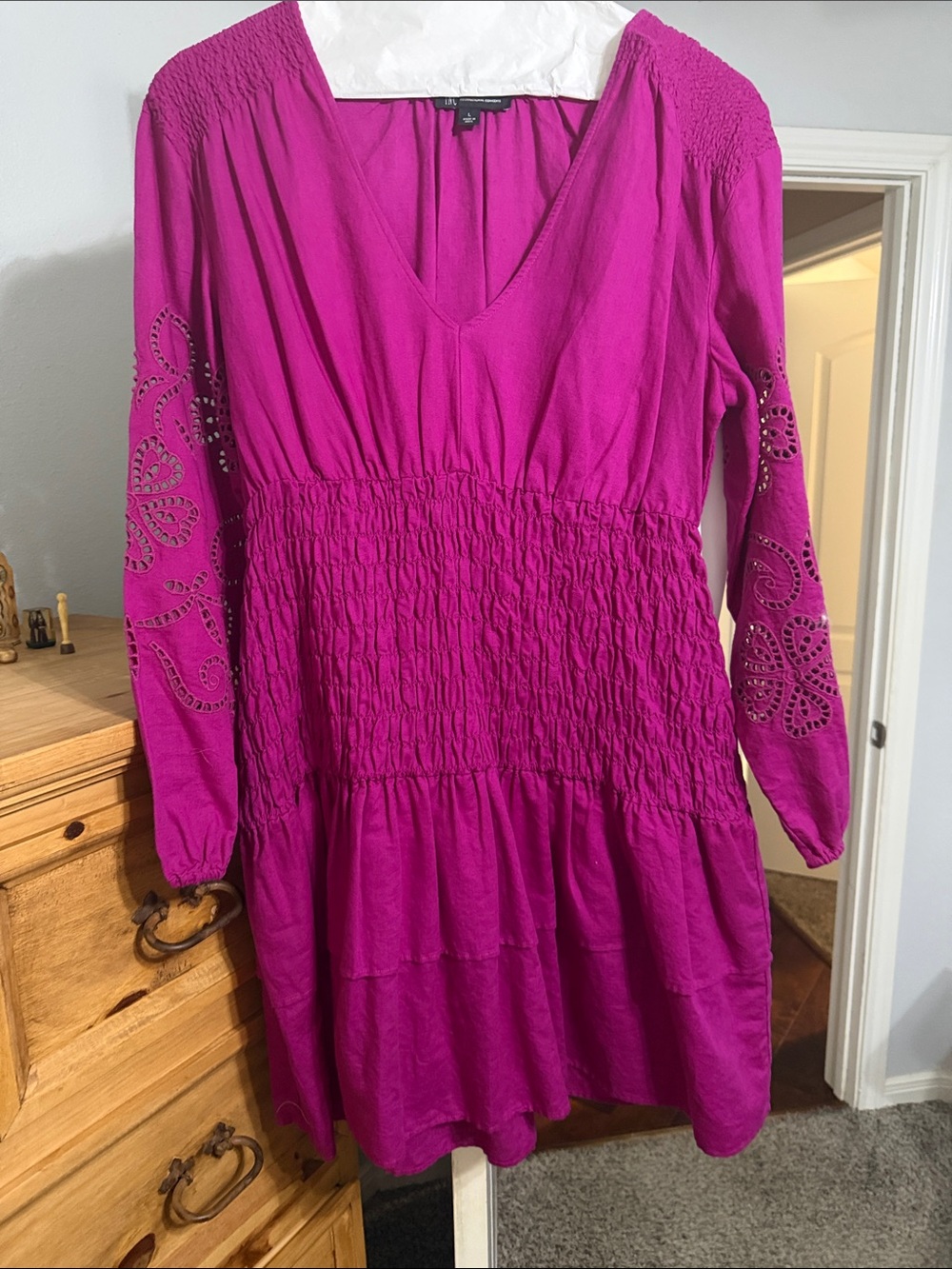 INC International Concepts Magenta Long-Sleeve Smocked-Waist Tiered Dress
